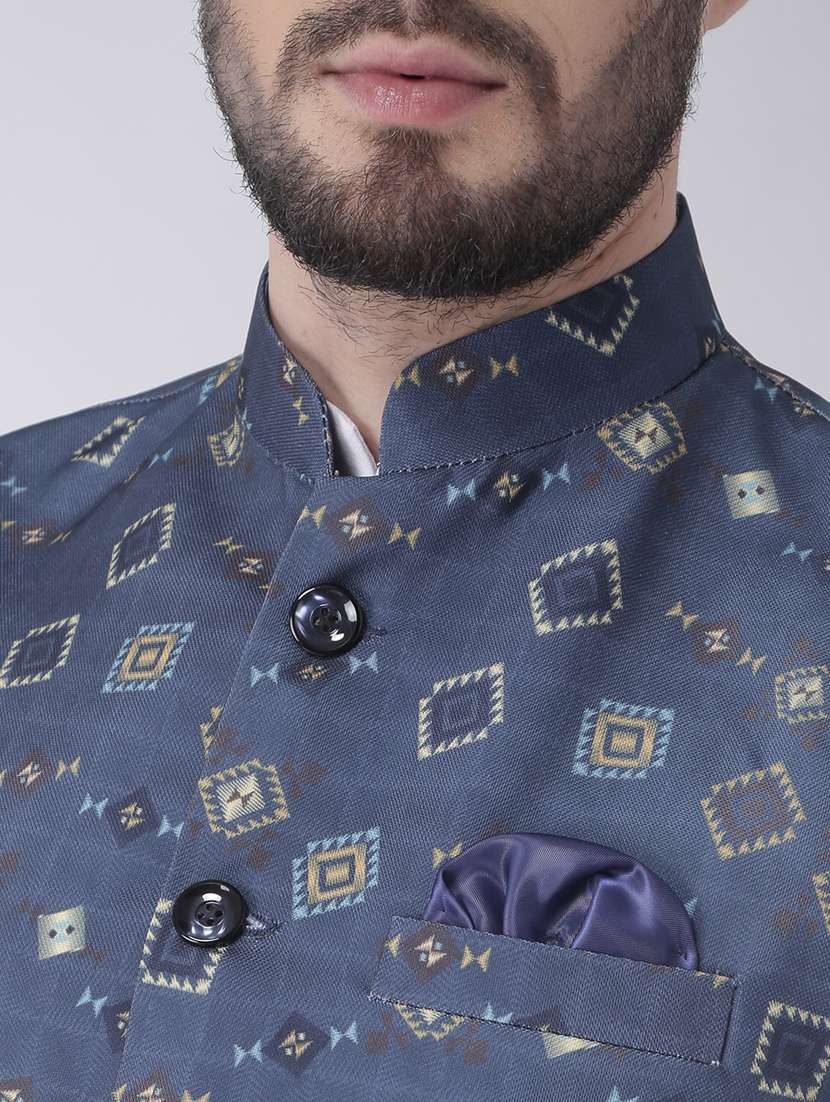 white solid kurta pyjama set with blue printed nehru jacket  - 17976407 -  Standard Image - 4