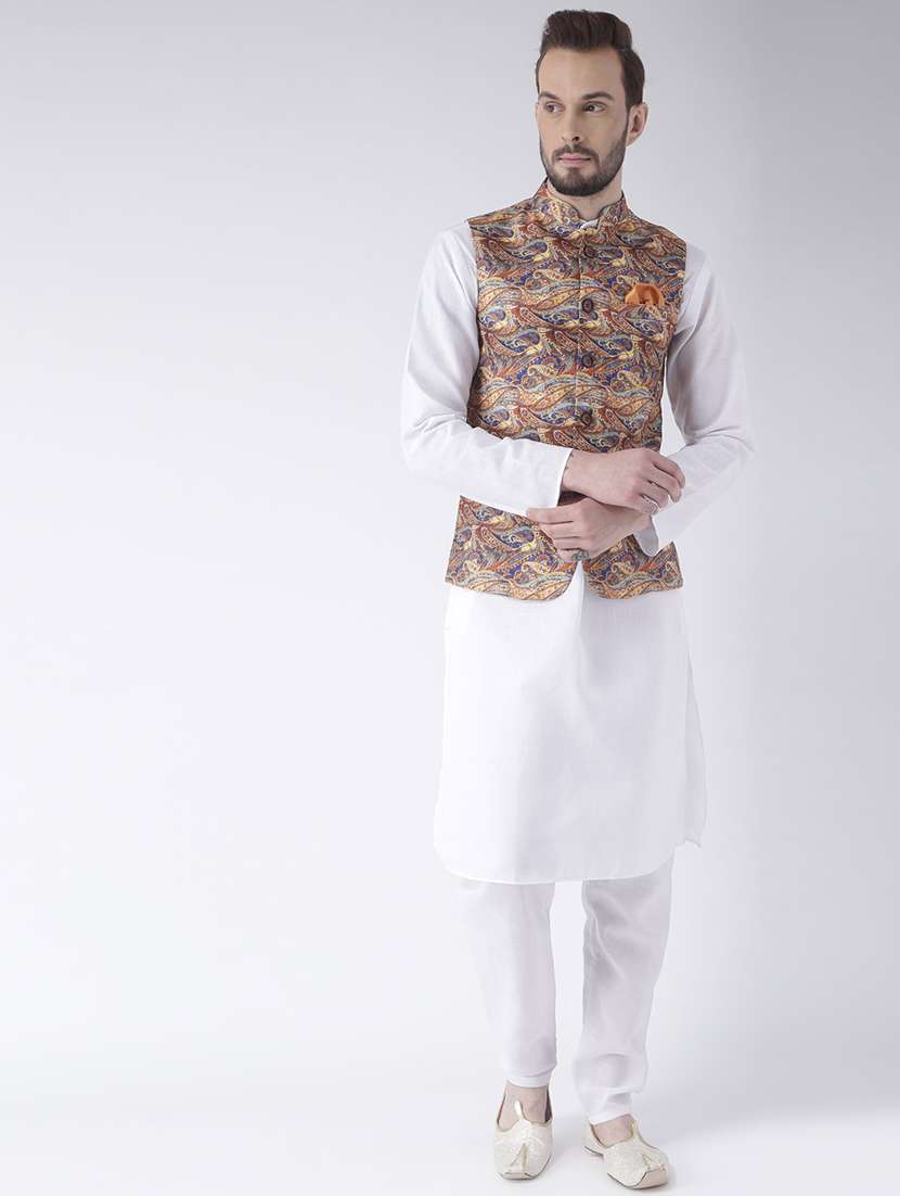 white solid kurta pyjama set with printed nehru jacket 