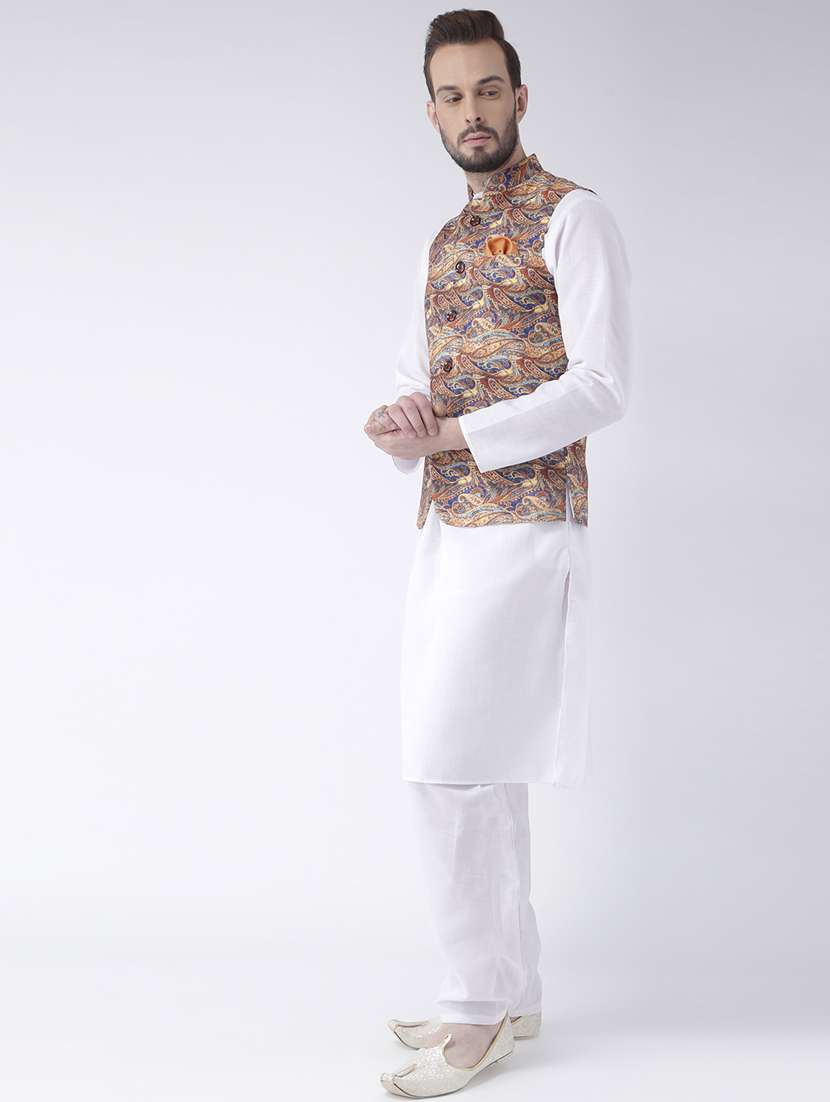 white solid kurta pyjama set with printed nehru jacket  - 17976408 -  Standard Image - 1