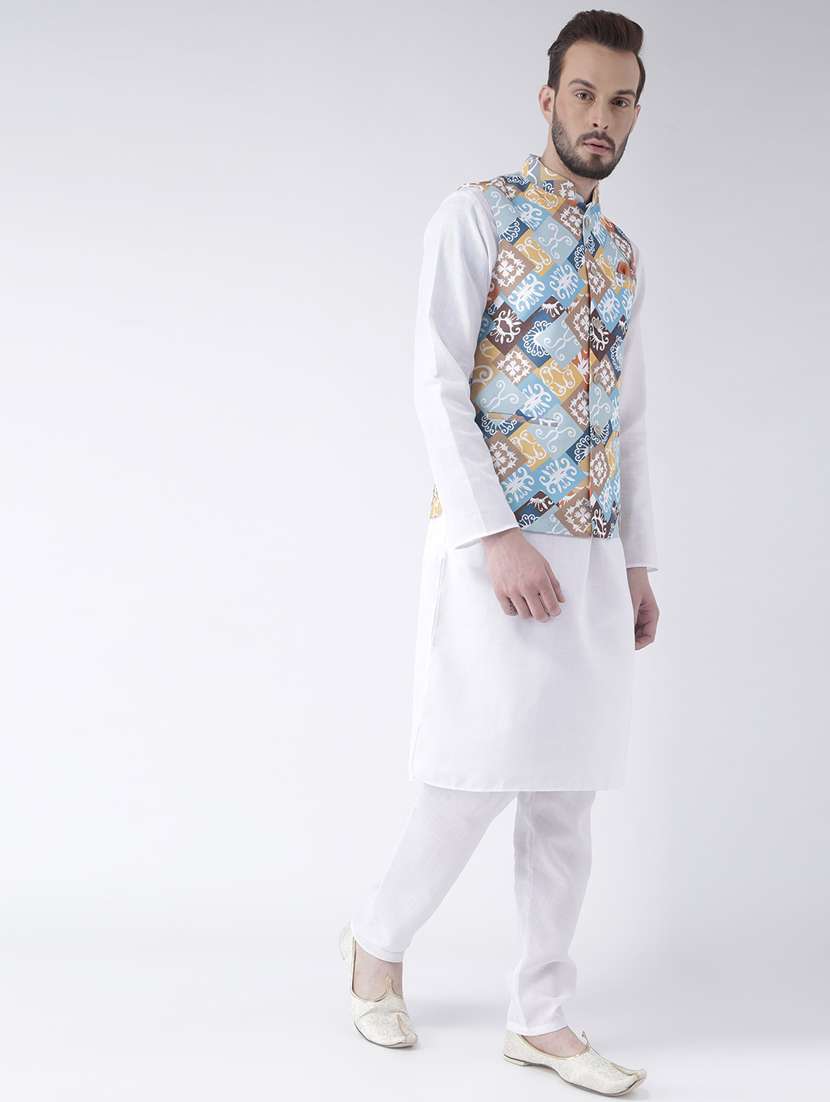 white solid kurta pyjama set with printed nehru jacket  - 17976409 -  Standard Image - 1