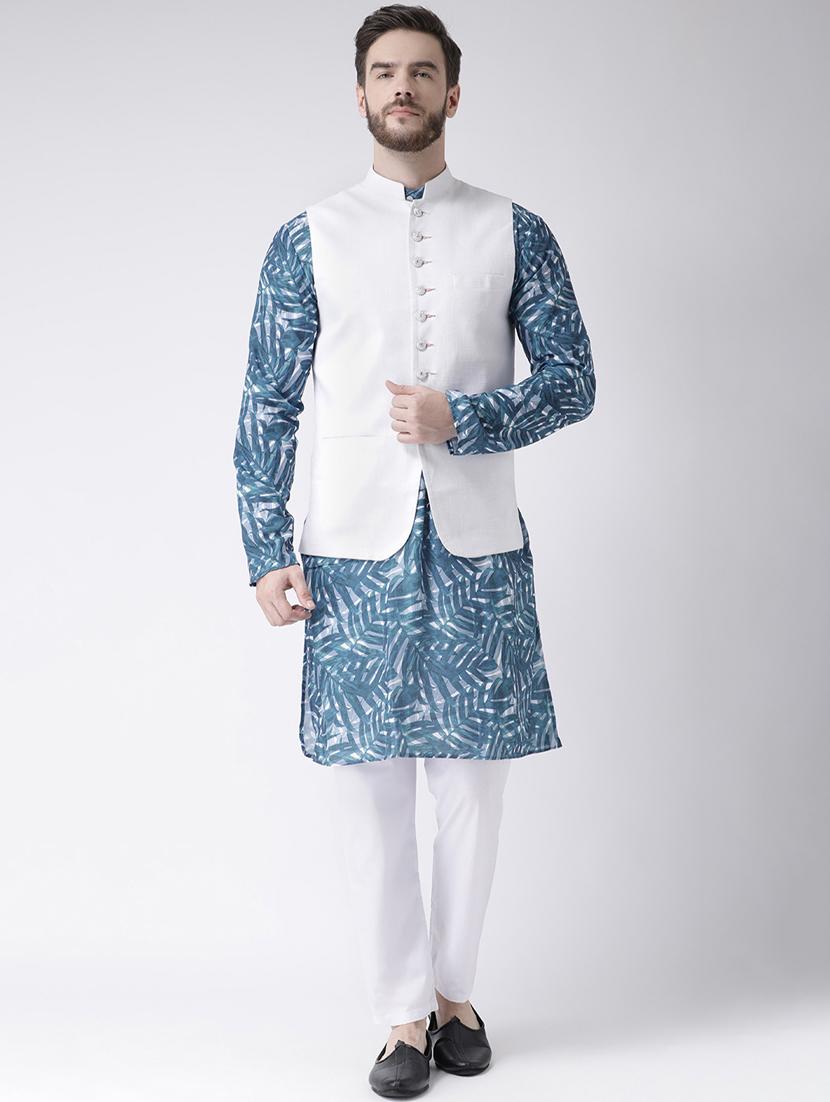 green printed kurta pyjama set with white solid nehru jacket 