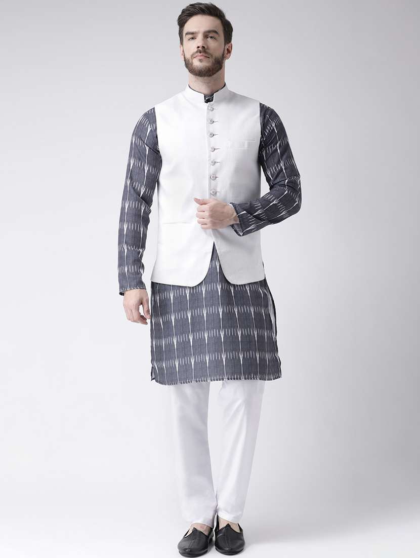grey printed kurta pyjama set with white solid nehru jacket 