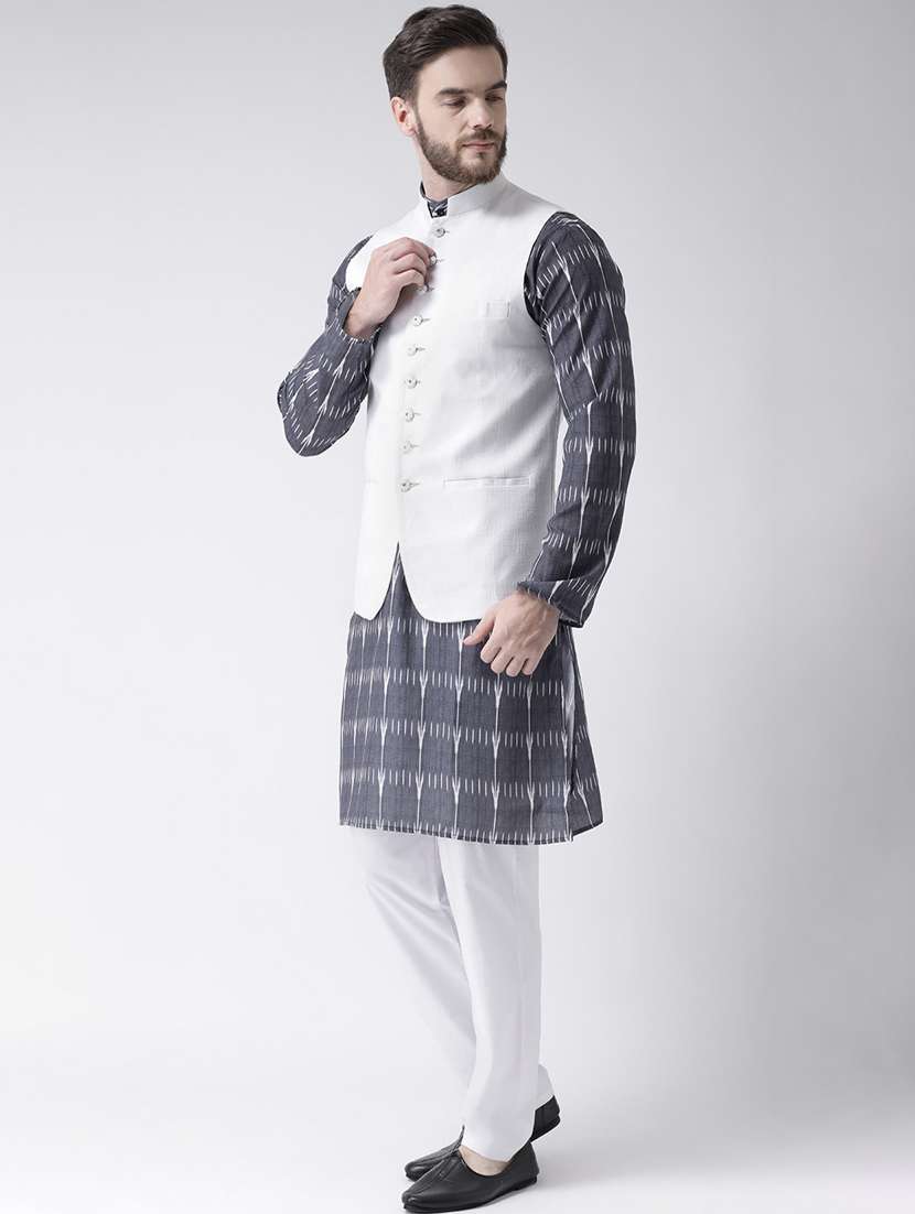 grey printed kurta pyjama set with white solid nehru jacket  - 17976417 -  Standard Image - 1