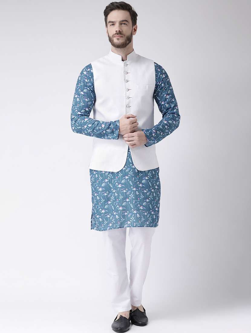 blue printed kurta pyjama set with white solid nehru jacket 
