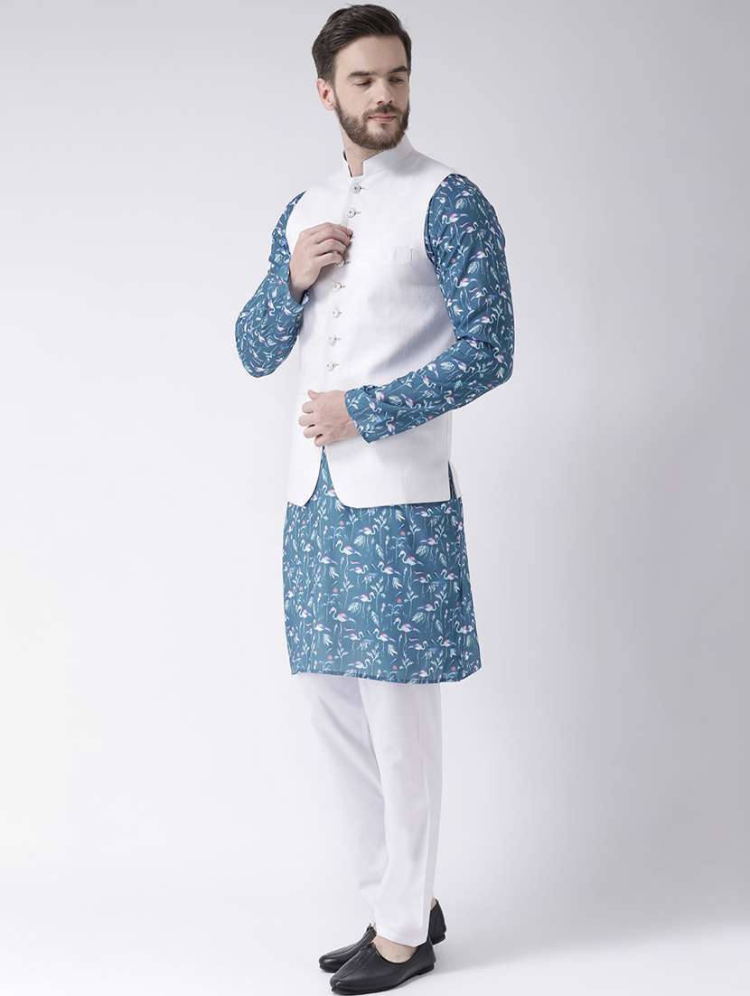 blue printed kurta pyjama set with white solid nehru jacket  - 17976419 -  Standard Image - 1