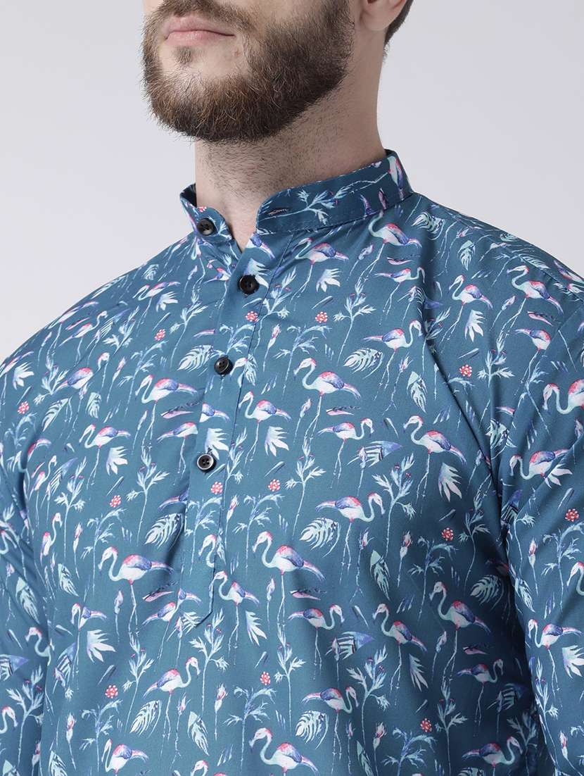 blue printed kurta pyjama set with white solid nehru jacket  - 17976419 -  Standard Image - 4