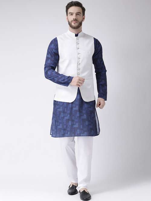 blue checkered kurta pyjama set with white solid nehru jacket  - 17976420 -  Standard Image - 0