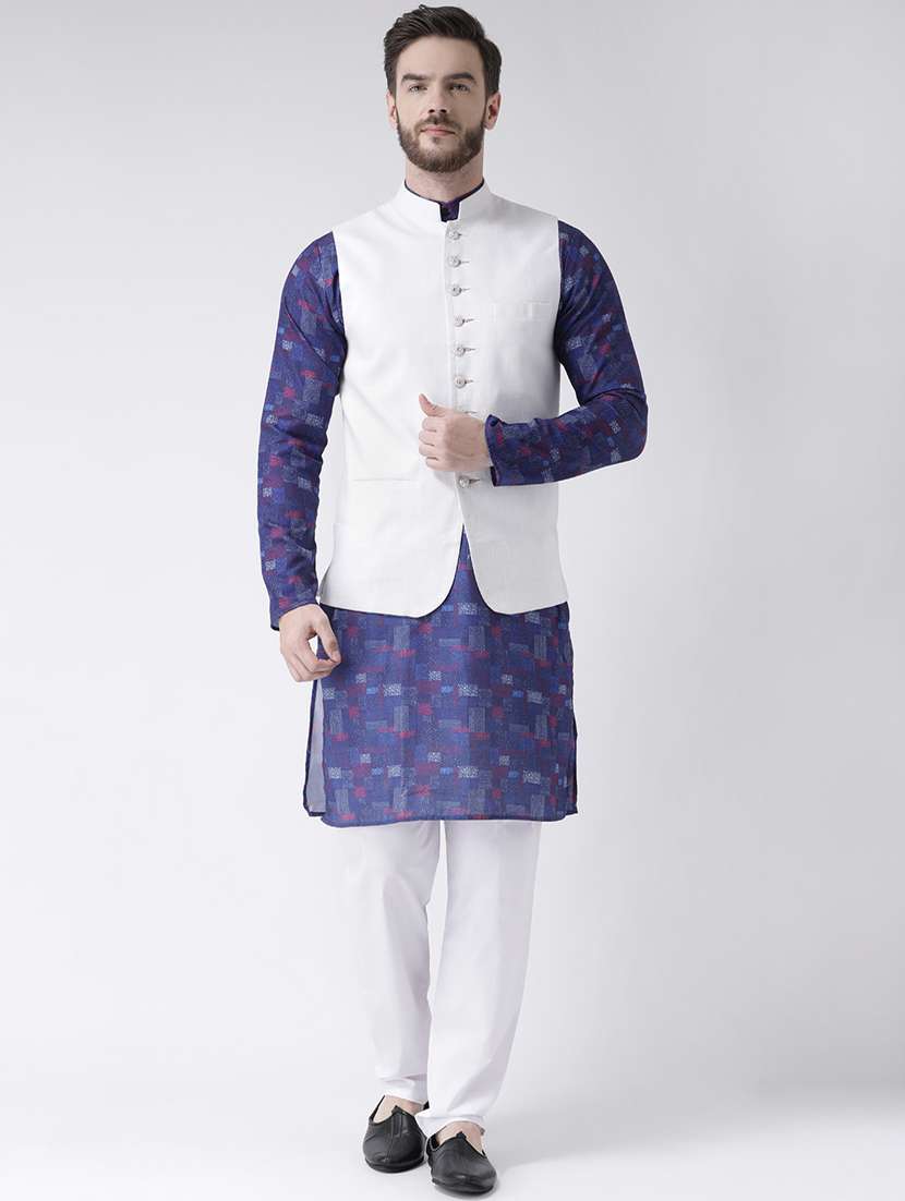 blue printed kurta pyjama set with white solid nehru jacket
