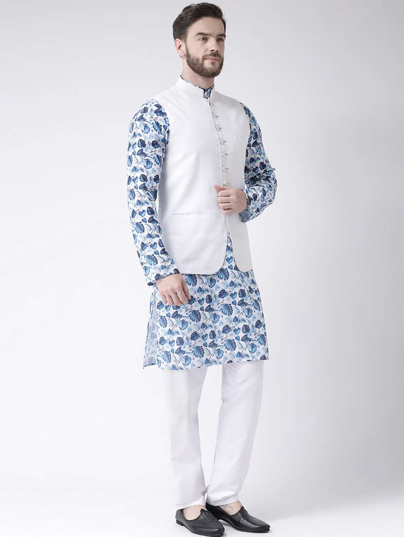 blue printed kurta pyjama set with white solid nehru jacket - 17976424 -  Standard Image - 1