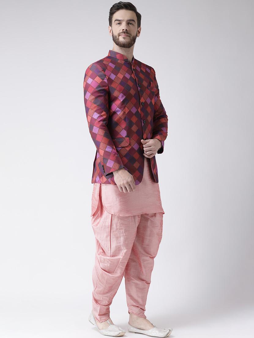 pink solid dhoti kurta set with bandhgala jacket - 17976434 - Standard Image - 1