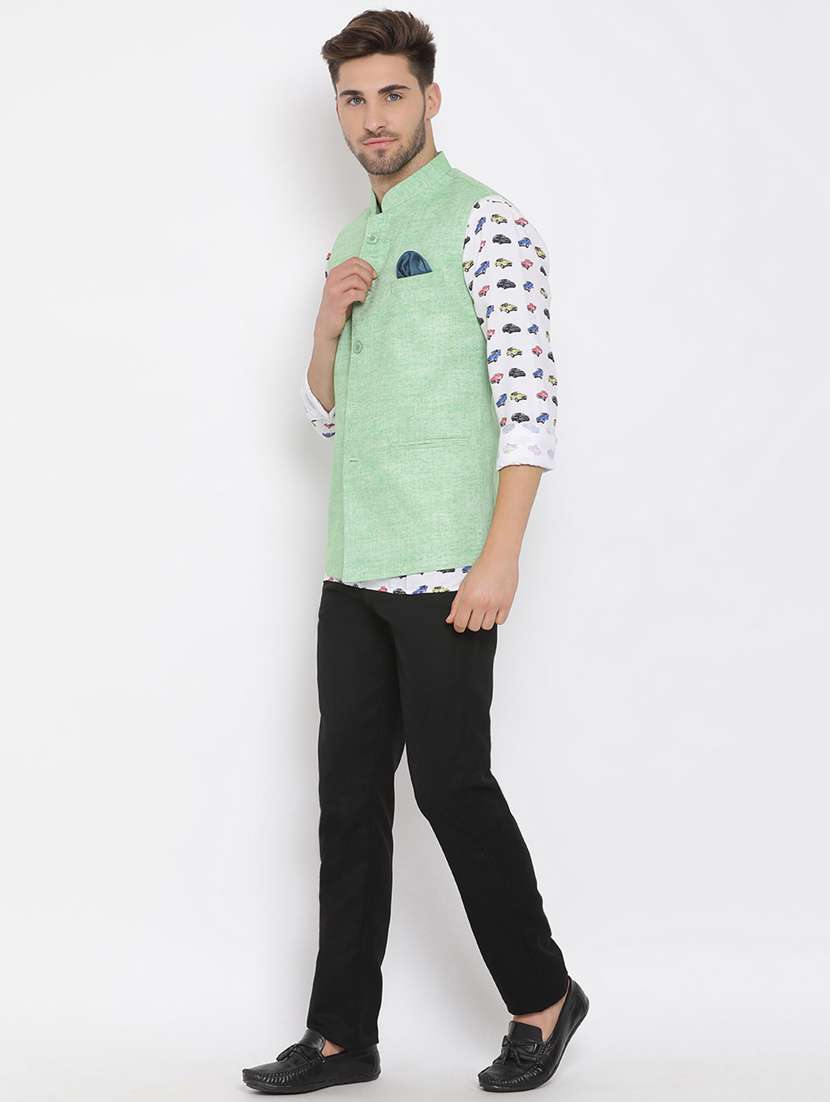 white printed linen kurta trouser set with solid nehru jacket - 17976439 -  Standard Image - 1