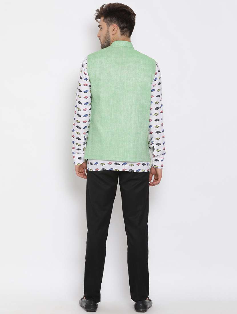 white printed linen kurta trouser set with solid nehru jacket - 17976439 -  Standard Image - 4