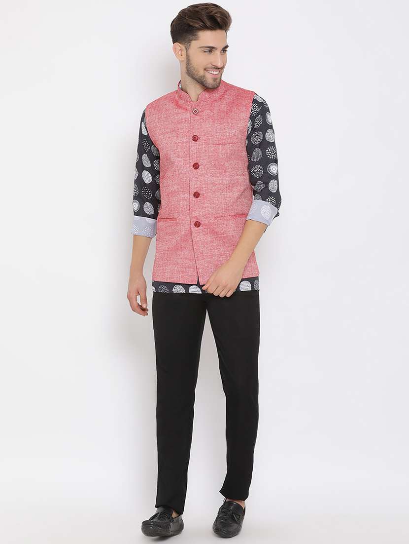 black printed linen kurta trouser set with solid nehru jacket