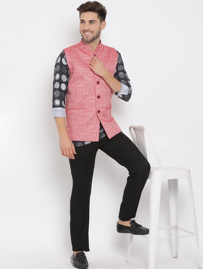 black printed linen kurta trouser set with solid nehru jacket - 17976442 - Standard Image - 1