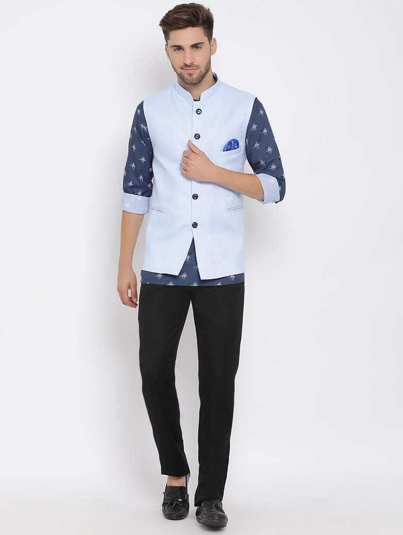 blue printed linen kurta trouser set with solid nehru jacket