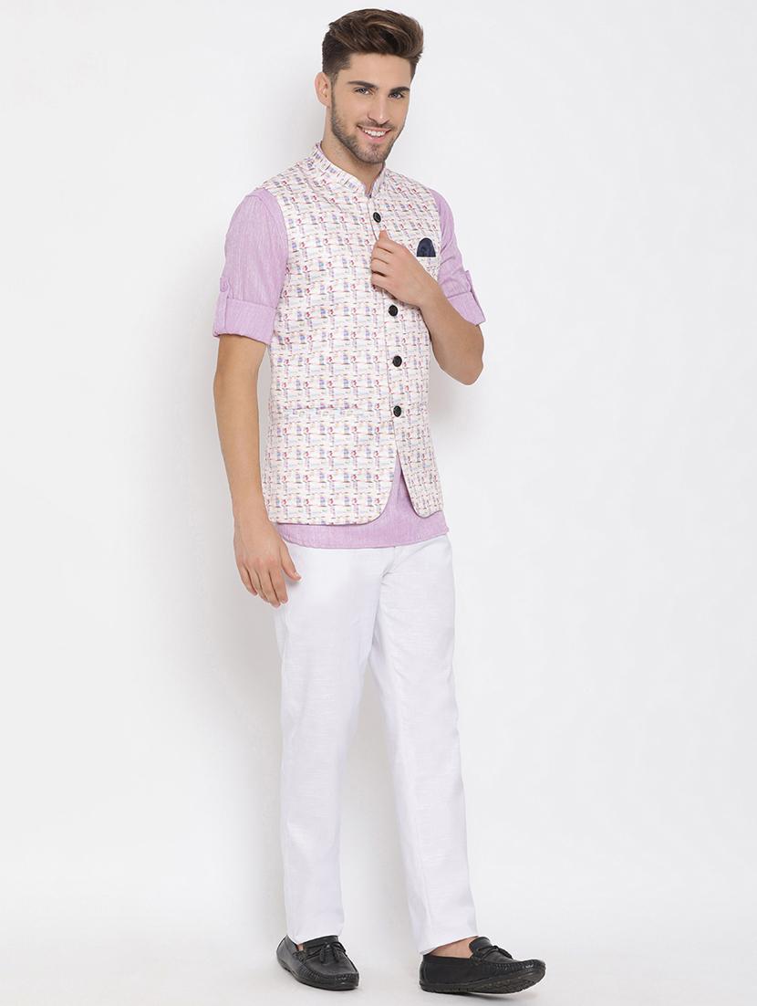 purple solid kurta trouser set with white printed jacket - 17976755 -  Standard Image - 1
