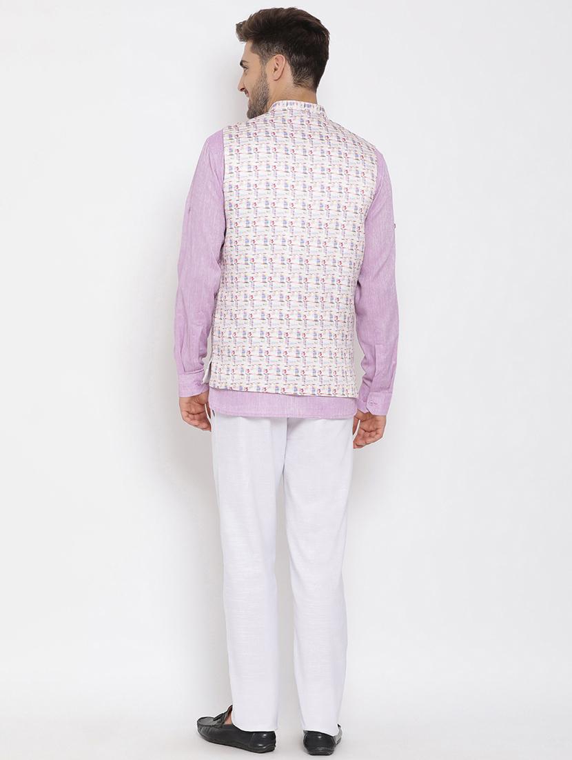 purple solid kurta trouser set with white printed jacket - 17976755 - Standard Image - 4