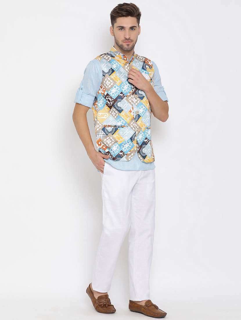 light blue solid kurta trouser set with printed jacket - 17976756 - Standard Image - 1