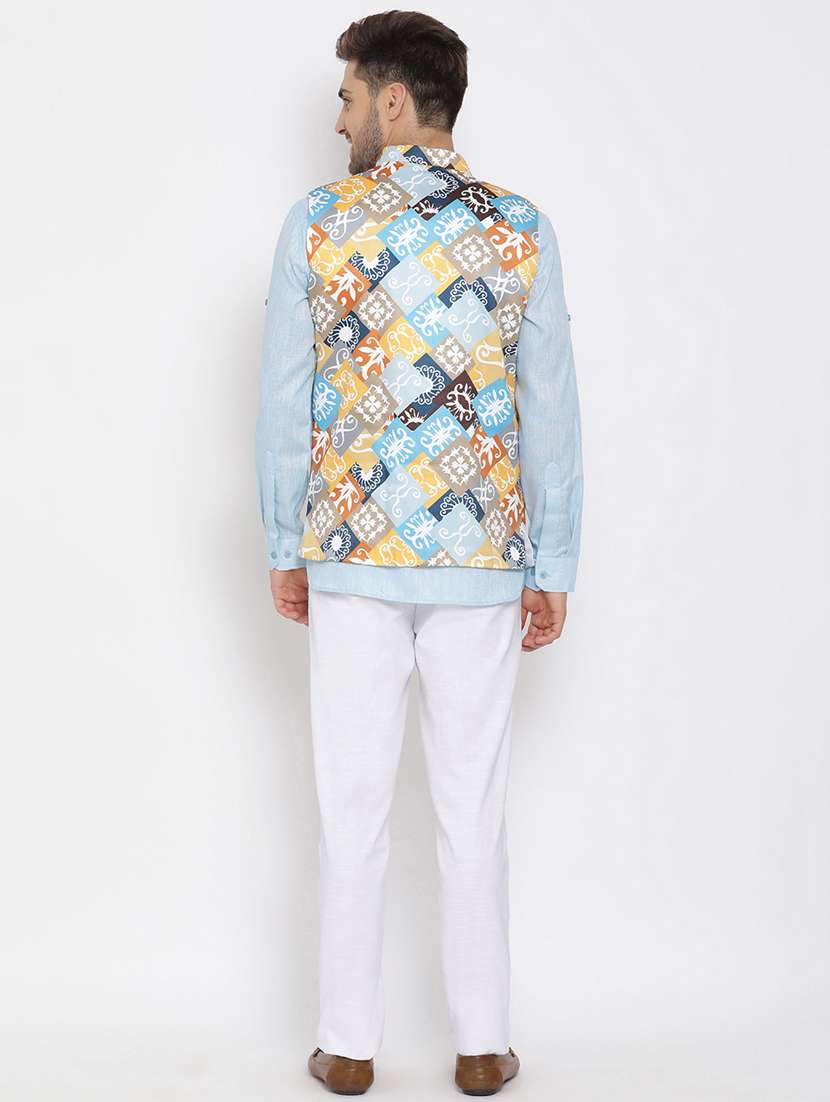 light blue solid kurta trouser set with printed jacket - 17976756 - Standard Image - 4