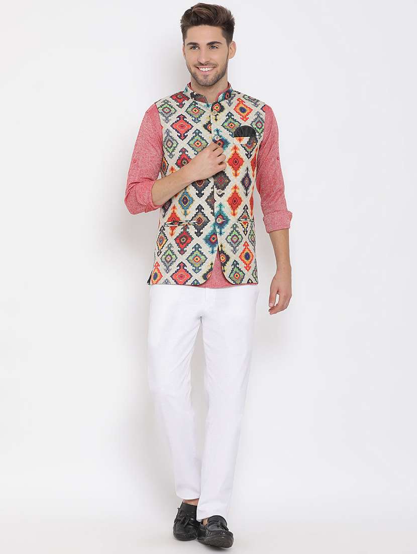 red solid kurta trouser set with printed jacket - 17976757 -  Standard Image - 1
