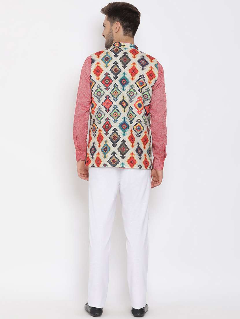 red solid kurta trouser set with printed jacket - 17976757 -  Standard Image - 4