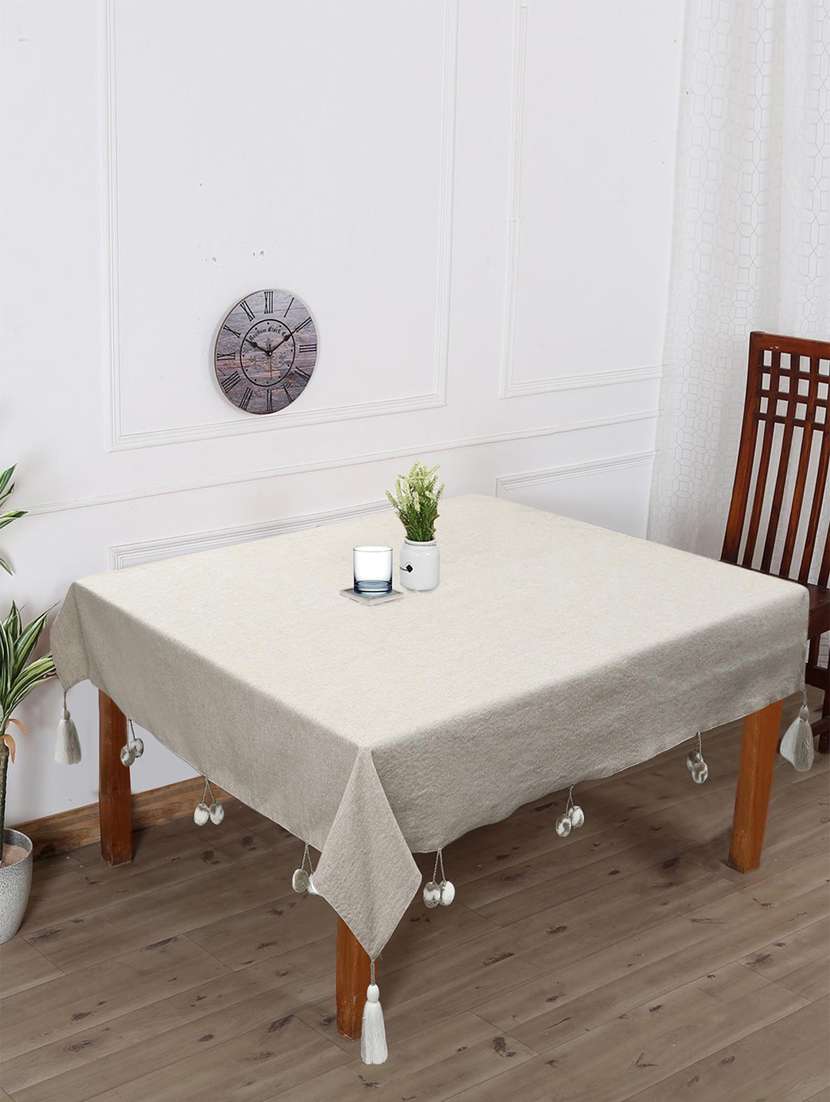 rustic collection by mezposh : natural & white cotton chambray solid 4 seater square table cover with pompoms (150x150cm)