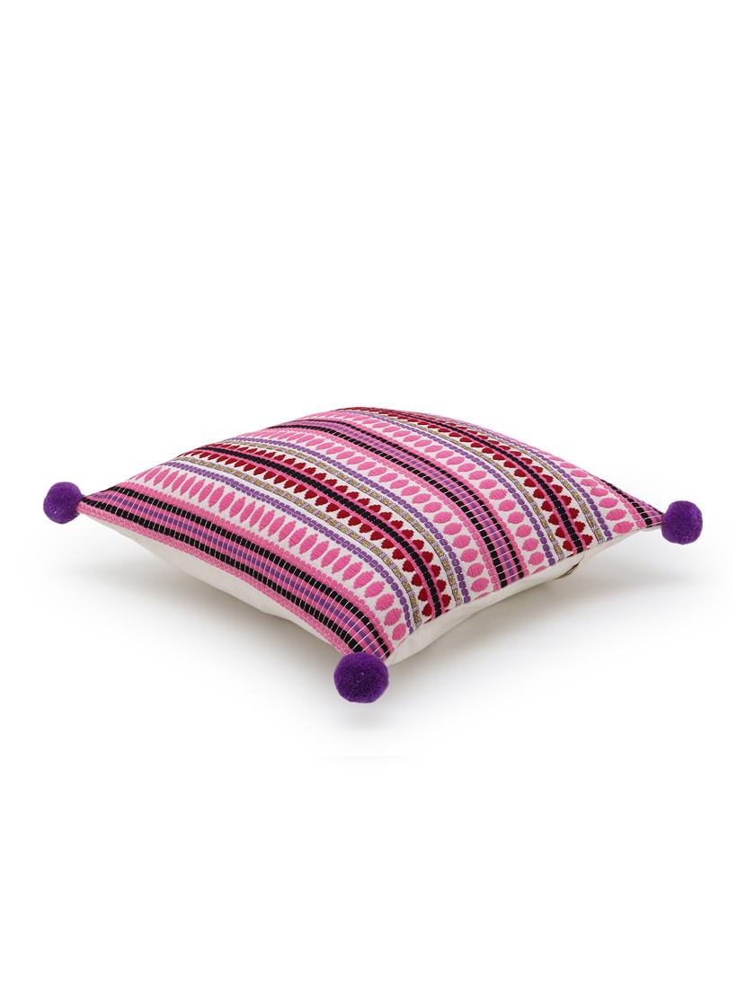 stave collection by mezposh : pink & multi acrylic jacquard striped cushion cover with pompoms (16x16in) - 17977644 - Standard Image - 1