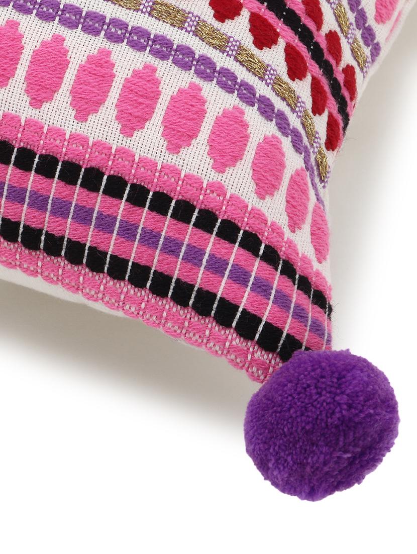 stave collection by mezposh : pink & multi acrylic jacquard striped cushion cover with pompoms (16x16in) - 17977644 - Standard Image - 4