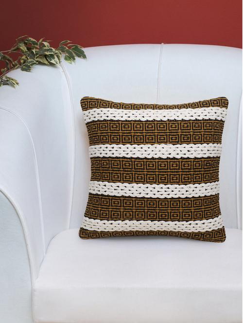 stave collection by mezposh : natural & mustard cotton jacquard cushion cover with striped pattern (18x18in) - 17977659 - Standard Image - 0