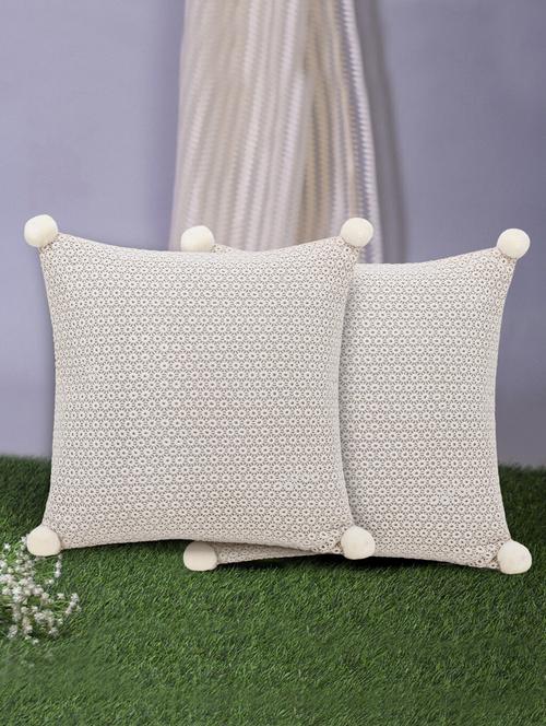 rasta collection by mezposh : natural cotton self design cushion cover with pompoms (16x16in) set of 2 - 17977670 - Standard Image - 0