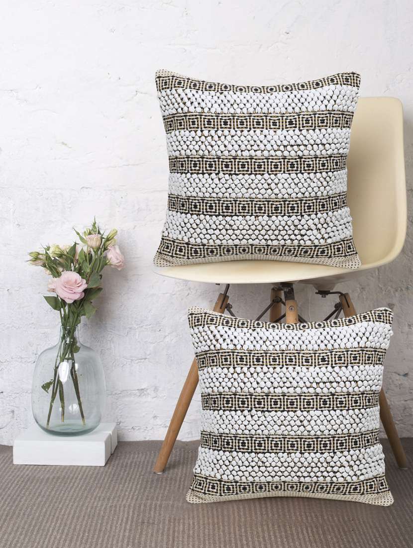 stave collection by mezposh : natural & beige cotton jacquard cushion cover with striped pattern (18x18in) set of 2