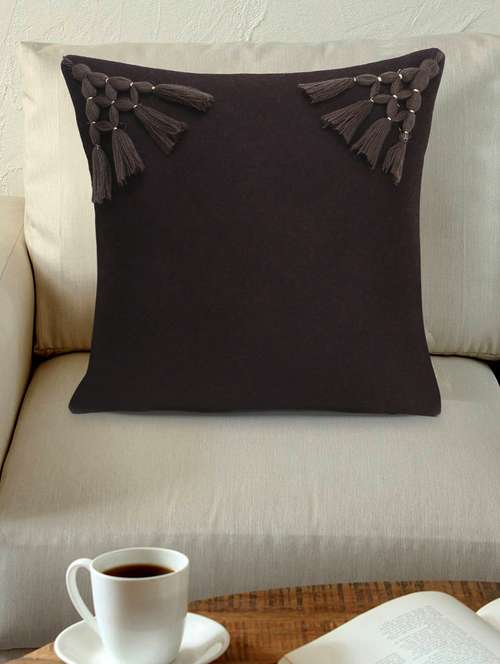 mezposh motley chocolate brown pure wool solid self design tasselled cushion cover (16"x16") - 17977756 -  Standard Image - 0