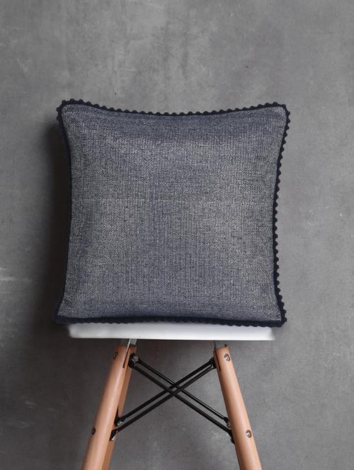 mezposh dazzle dazzle grey & navy cotton lurex solid self design pompom cushion cover (16"x16") - 17977758 - Standard Image - 0