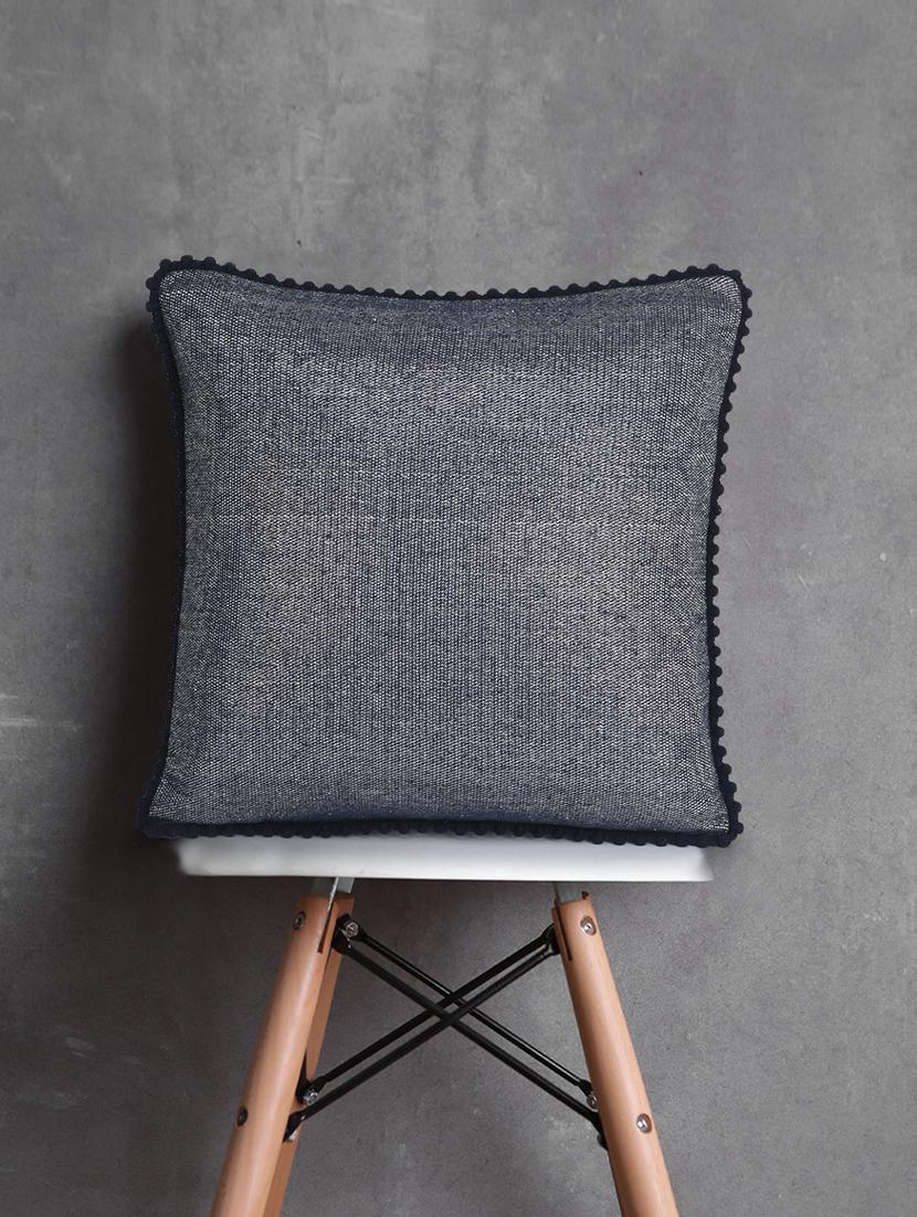 mezposh dazzle dazzle grey & navy cotton lurex solid self design pompom cushion cover (16"x16") - 17977758 - Zoom Image - 0