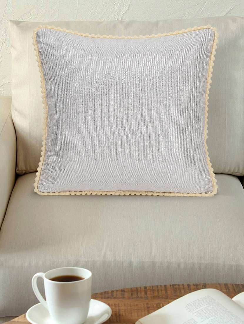 mezposh dazzle dazzle grey & navy cotton lurex solid self design pompom cushion cover (16"x16")