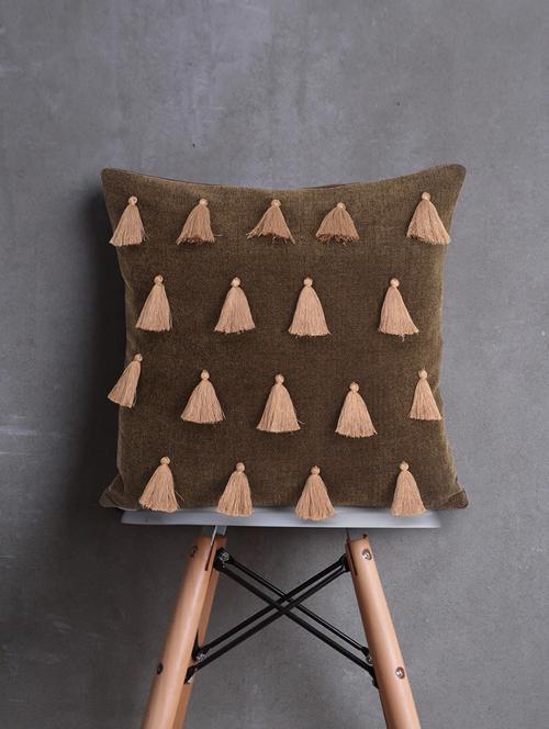 mezposh droplet brown cotton velvet solid self design tasselled cushion cover (16"x16") - 17977760 -  Standard Image - 0