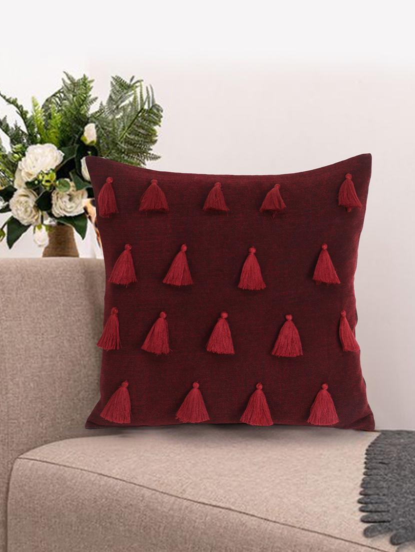 mezposh droplet brown cotton velvet solid self design tasselled cushion cover (16"x16")