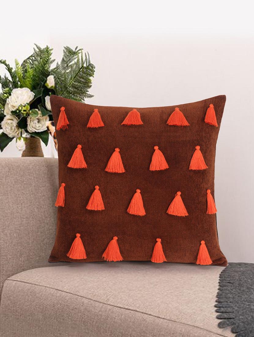 mezposh droplet brown cotton velvet solid self design tasselled cushion cover (16"x16") - 17977762 - Zoom Image - 0