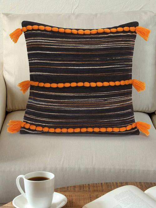 mezposh motley brown & rust cotton velvet self design tasselled cushion cover (16"x16") - 17977768 -  Standard Image - 0