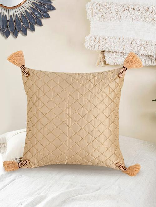 mezposh rasta beige polyester quilted checked tasselled cushion cover (12"x12") - 17977771 -  Standard Image - 0