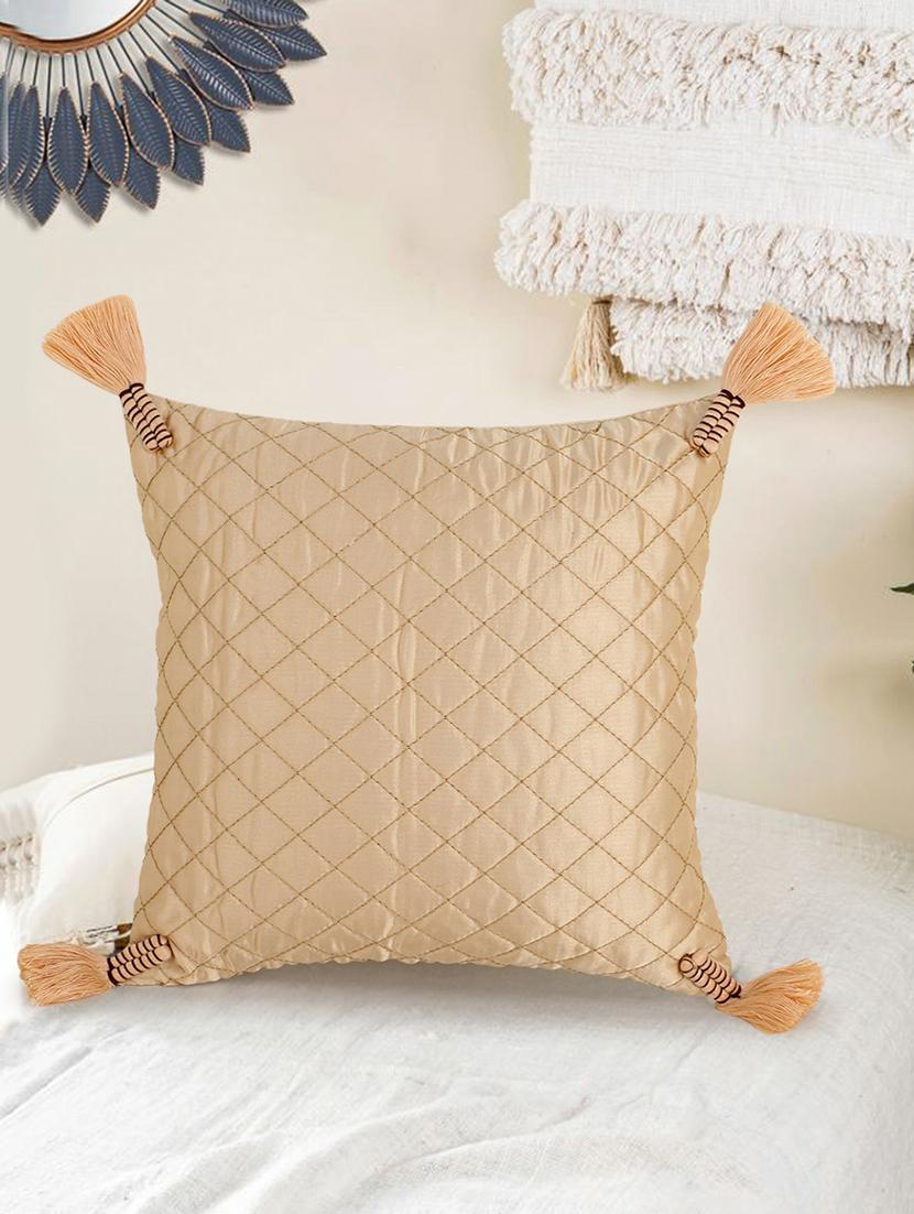 mezposh rasta beige polyester quilted checked tasselled cushion cover (12"x12") - 17977771 -  Zoom Image - 0