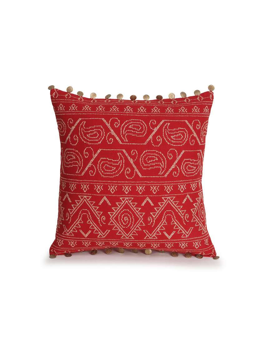 mezposh tribal red & gold cotton jacquard ethnic motifs embellished cushion cover (16"x16") - 17977779 -  Standard Image - 4