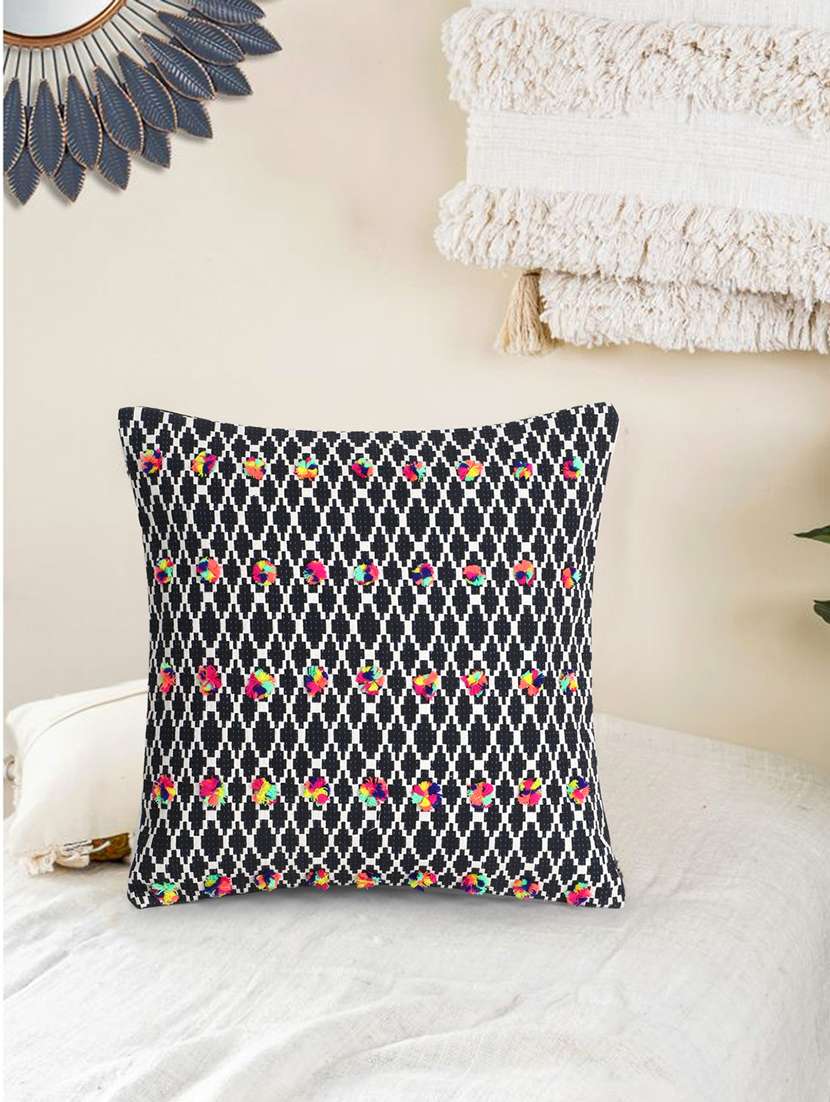 mezposh acoustic black, white & multi cotton jacquard quirky pompom cushion cover (16"x16") - 17977793 - Zoom Image - 0
