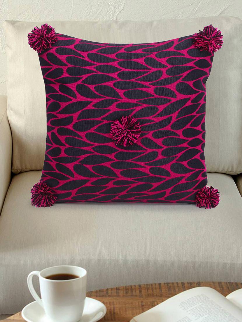 mezposh nomad pink & black polyester jacquard quirky pompom cushion cover (16"x16") - 17977794 -  Zoom Image - 0