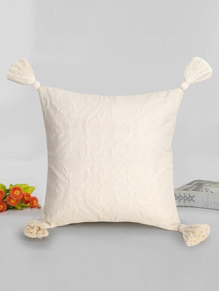mezposh rasta natural cotton self design tasselled cushion cover (12"x12") - 17977802 - Zoom Image - 0