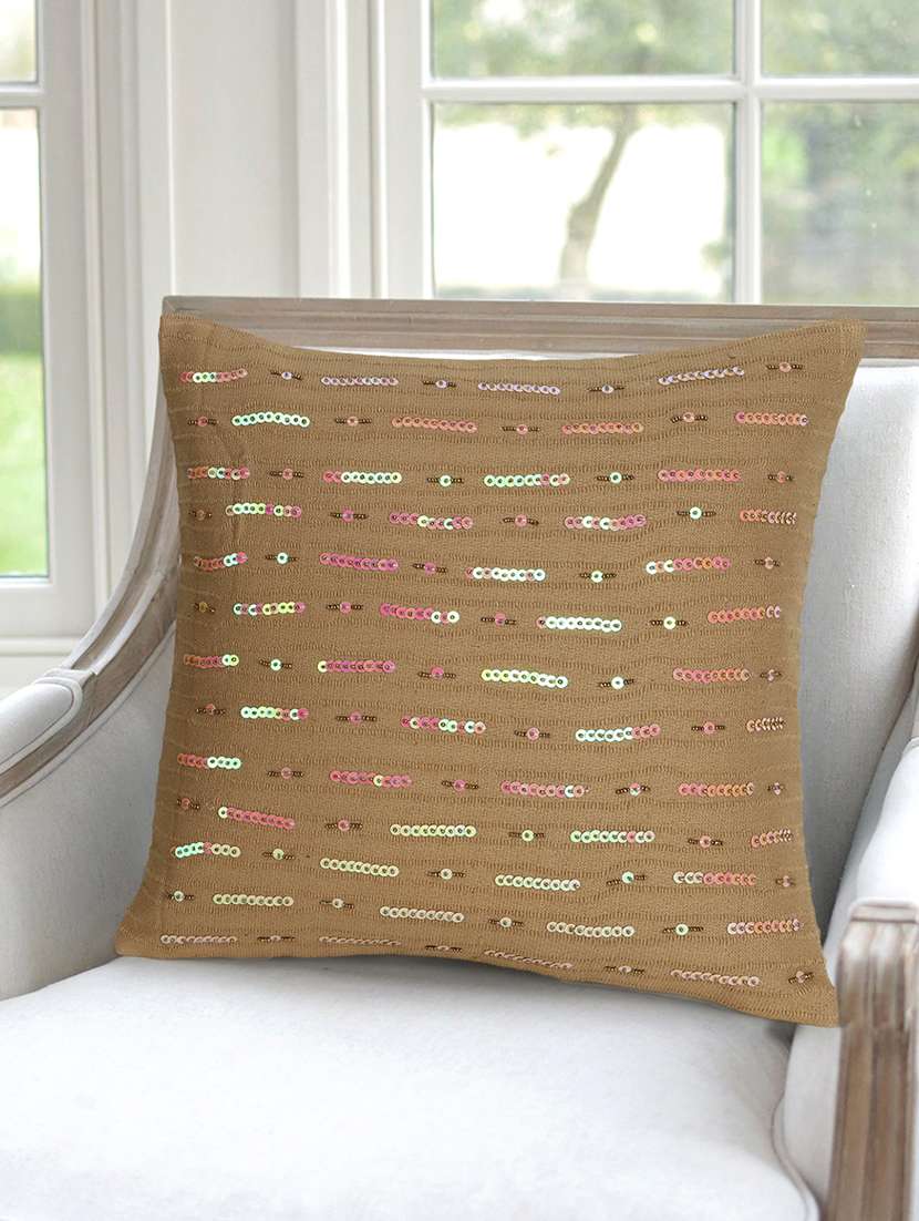 mezposh dazzle dusty pink cotton handloom striped embellished cushion cover (16"x16")