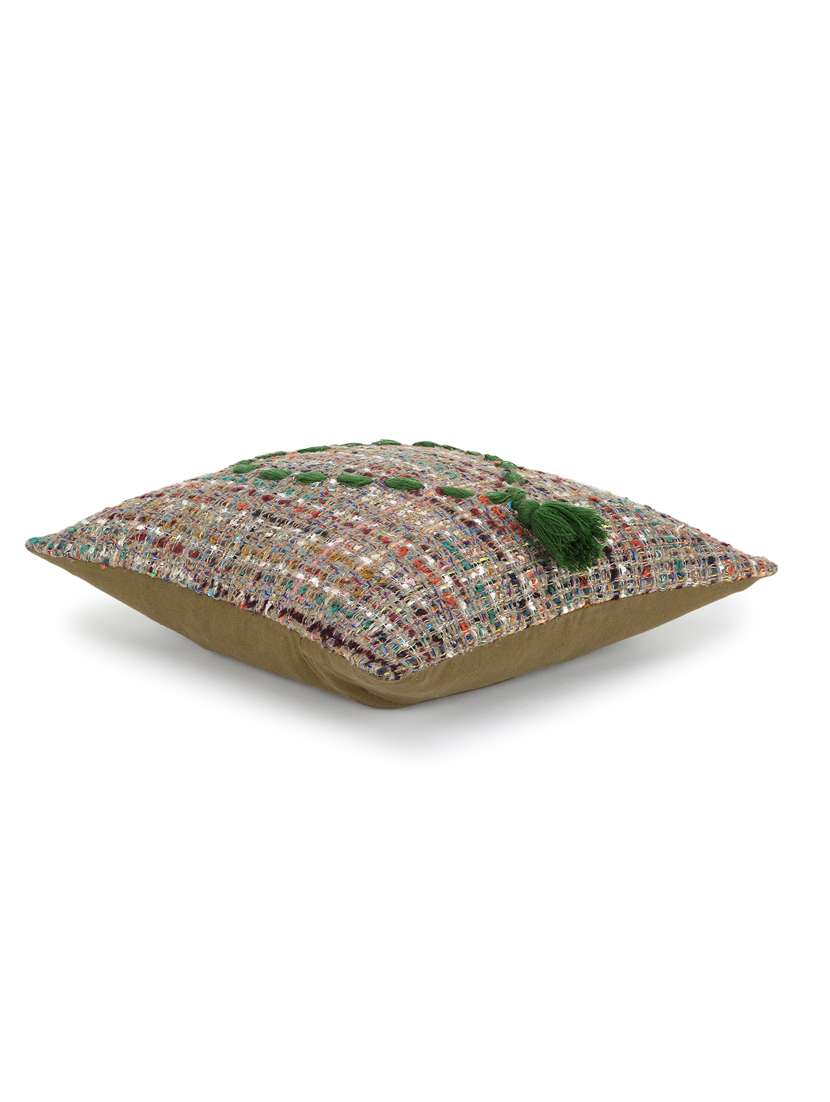 Mezposh Motley Green & Multi Wool Quirky Tasselled/ Cushion Cover With Zari (16"X16")