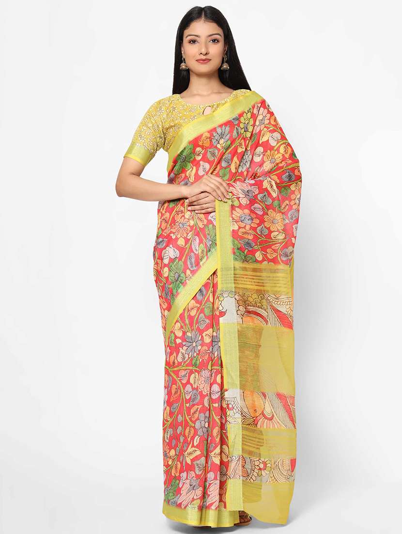 women's floral pink colored saree with blouse
