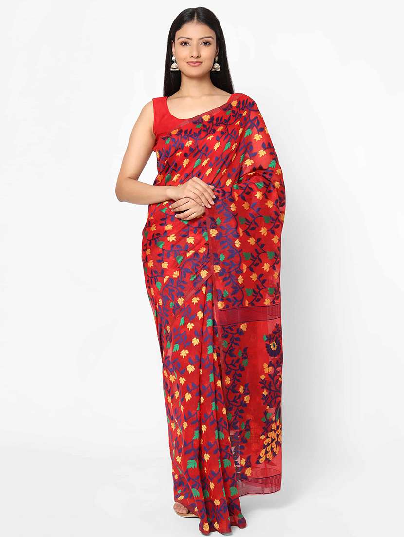 women's self design red colored saree with blouse