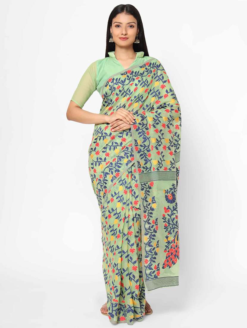 women's floral green colored saree with blouse